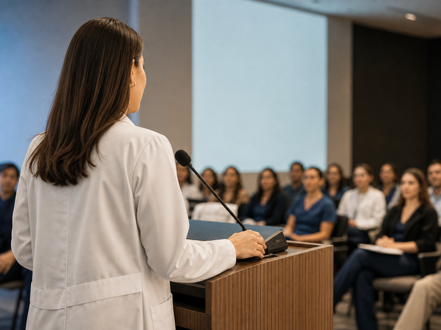 Medica dando una charla a profesionales de salud